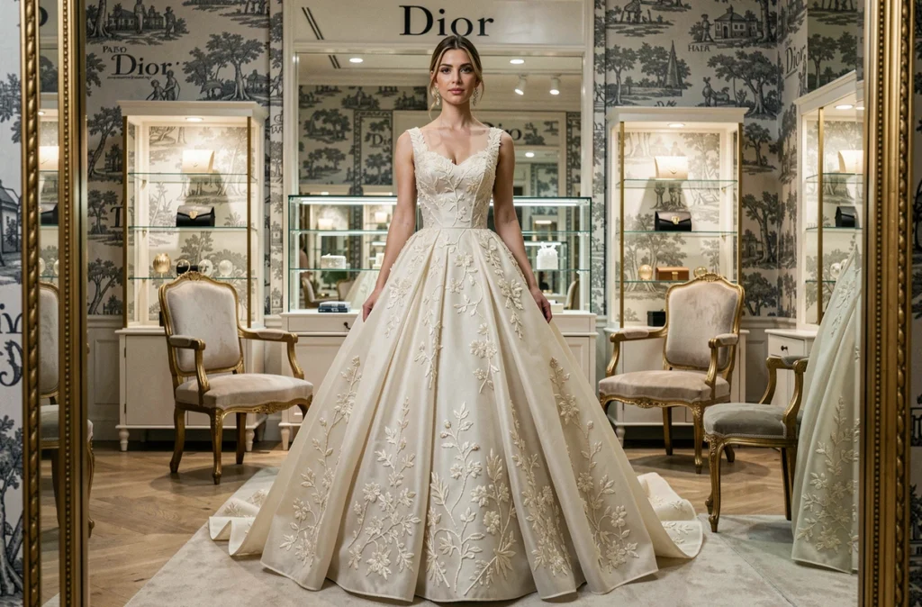 Femme portant une robe de bal en organza de soie brodé de Dior haute couture dans la boutique parisienne de la maison sur l'Avenue Montaigne.