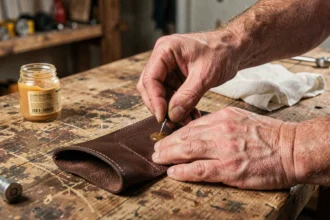 Homme appliquant un conditionneur sur un bracelet de force en cuir marron posé sur un établi en bois