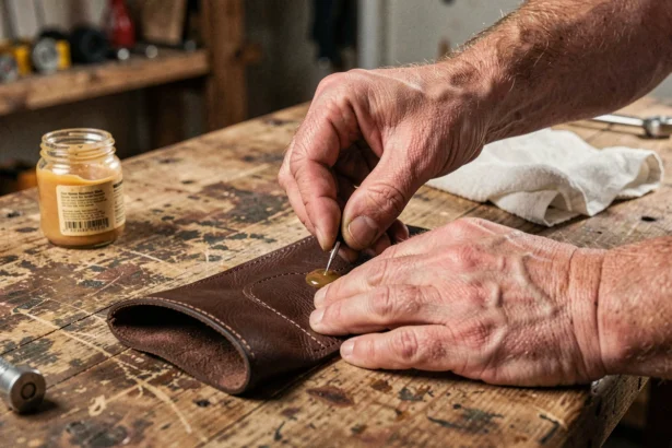 Homme appliquant un conditionneur sur un bracelet de force en cuir marron posé sur un établi en bois