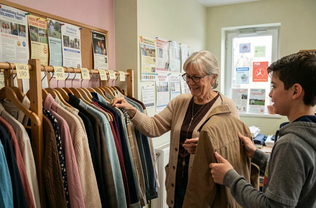 Intérieur de Frip'Esperans à Lanester, friperie solidaire avec des bénévoles aidant des clients parmi des vêtements de seconde main abordables