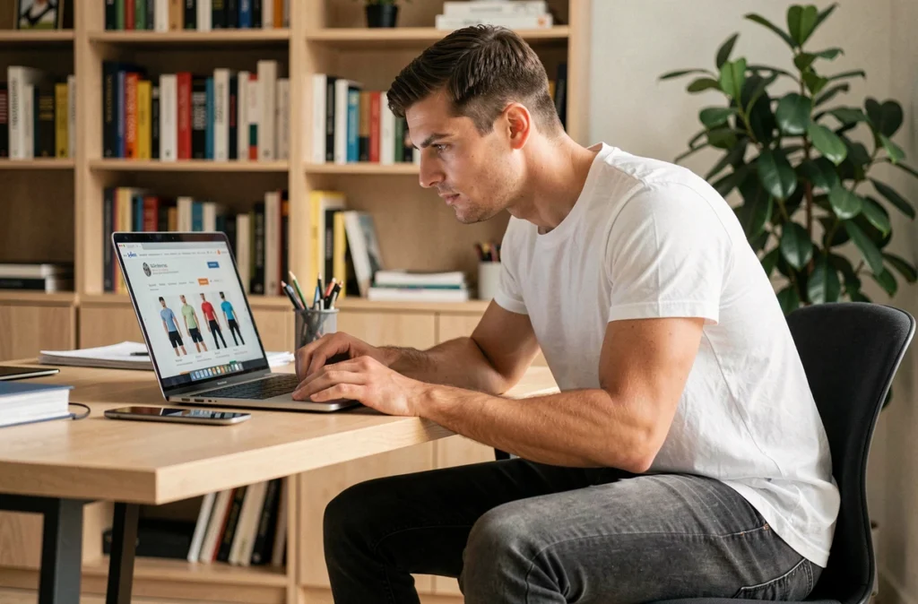 Homme jeune examinant un site de commande Nike TN Lisboa sur un ordinateur portable dans un bureau à domicile