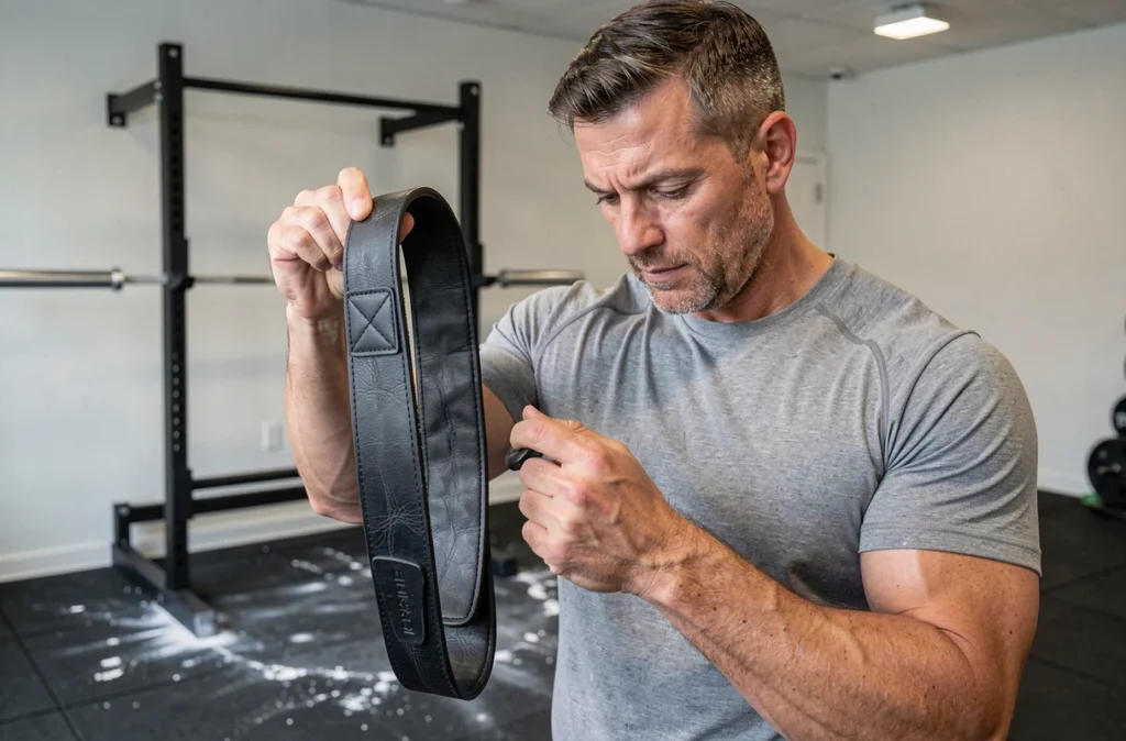 Homme inspectant son bracelet de force en cuir noir dans une salle de musculation à domicile