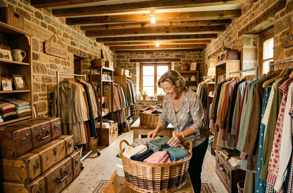 Intérieur de La Malle aux Trésors à Josselin en centre Bretagne avec des malles vintage, des murs en pierre et des vêtements de seconde main