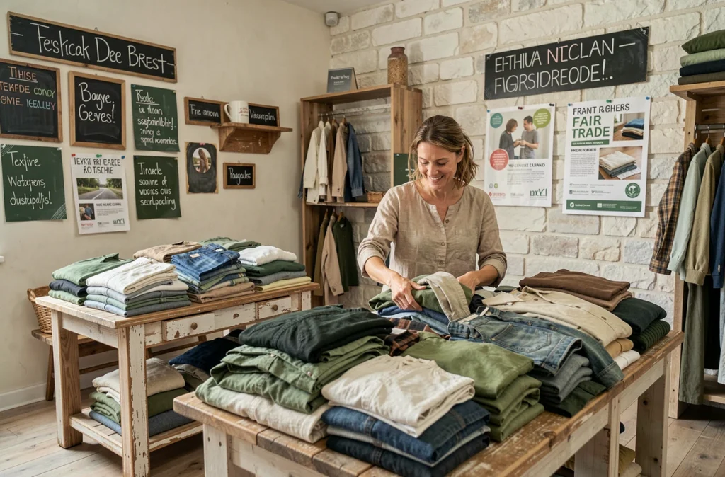 Intérieur de La Pince friperie engagée à Brest avec des affichages sur le recyclage textile et des vêtements de seconde main éco-responsables