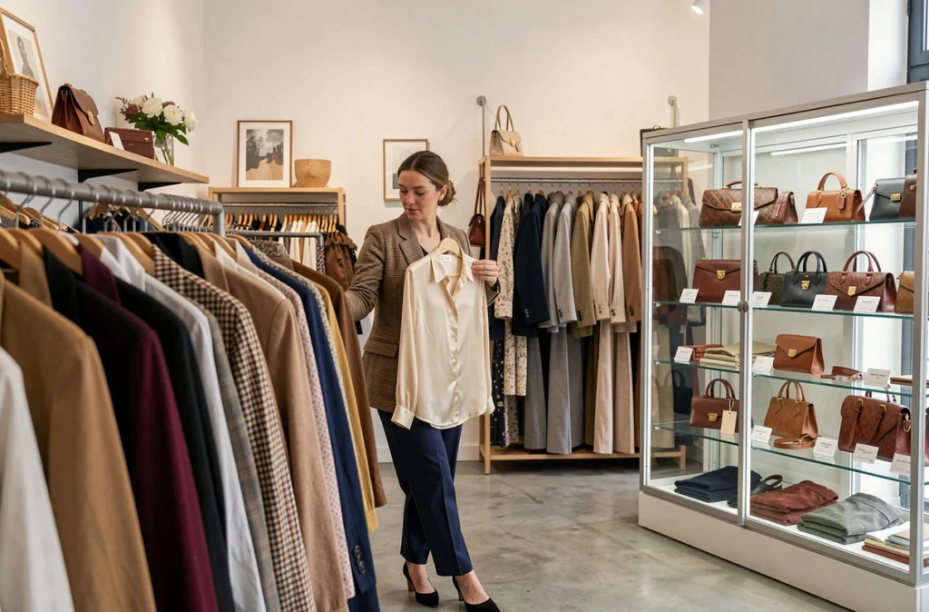 Intérieur de La Vague Friperie à Rennes avec des vêtements vintage et des pièces de luxe de seconde main exposées élégamment
