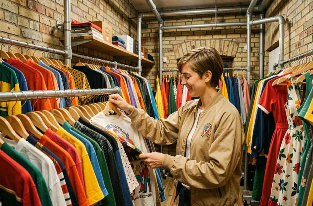 Intérieur de Mad Vintage à Brest avec des portants de vêtements vintage organisés par décennie dans un espace compact