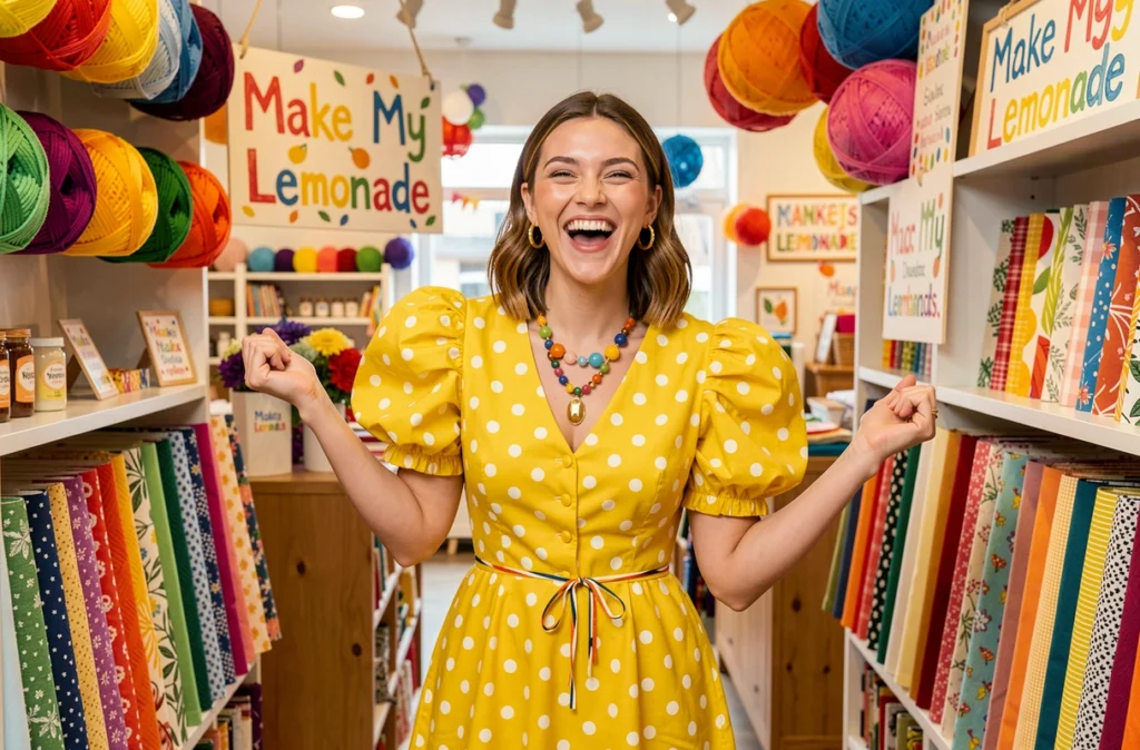 Femme joyeuse portant une robe de soirée originale et colorée dans la boutique festive Make My Lemonade.