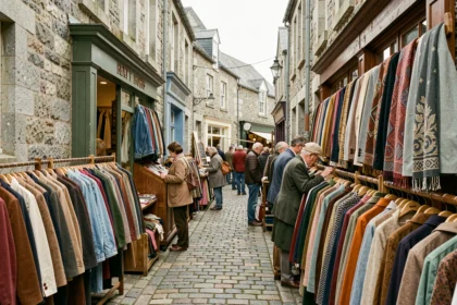 Scène de marché vintage breton avec des vêtements d'occasion suspendus à l'extérieur d'une friperie dans une ruelle pavée en Bretagne