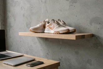 Paire de Nike TN Lisboa posée sur une étagère en bois dans un appartement urbain, contexte achat en ligne