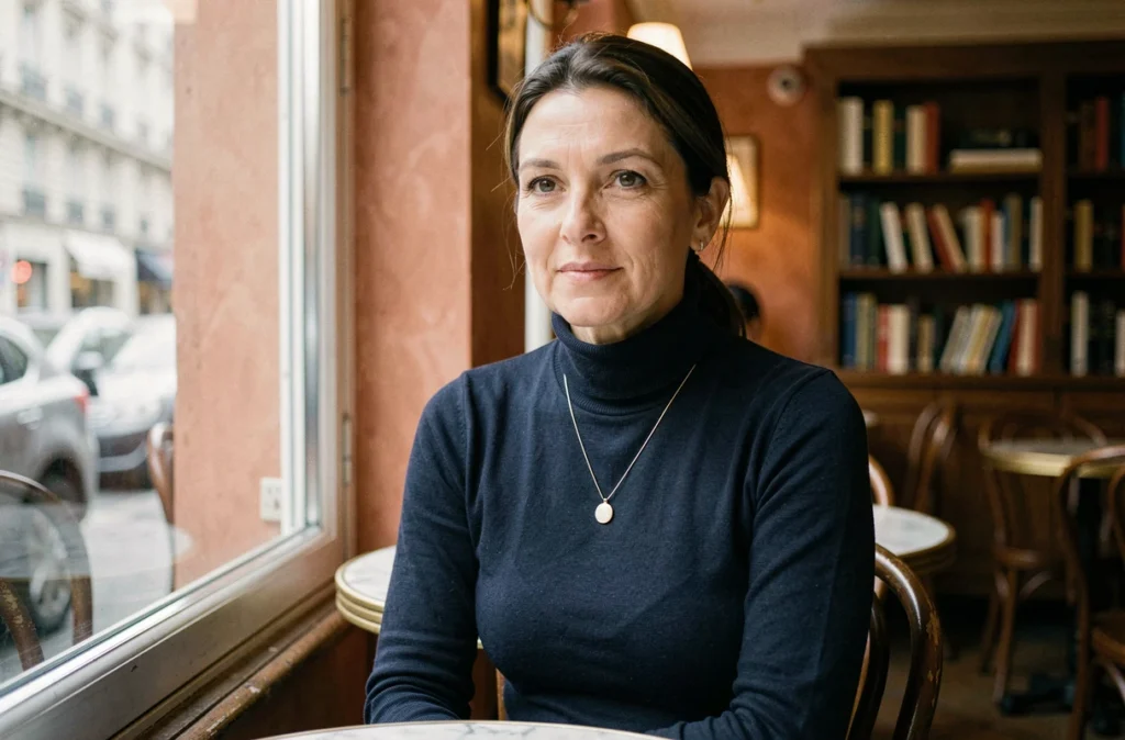 Femme portant un pendentif en or blanc avec un col roulé marine dans un café parisien, style éditorial élégant et discret