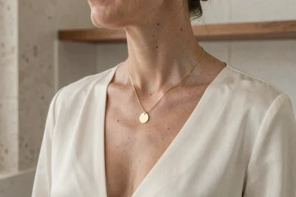 Pendentif discret en or jaune posé sur le décolleté d'une femme portant un chemisier en soie ivoire, ambiance minimaliste et élégante