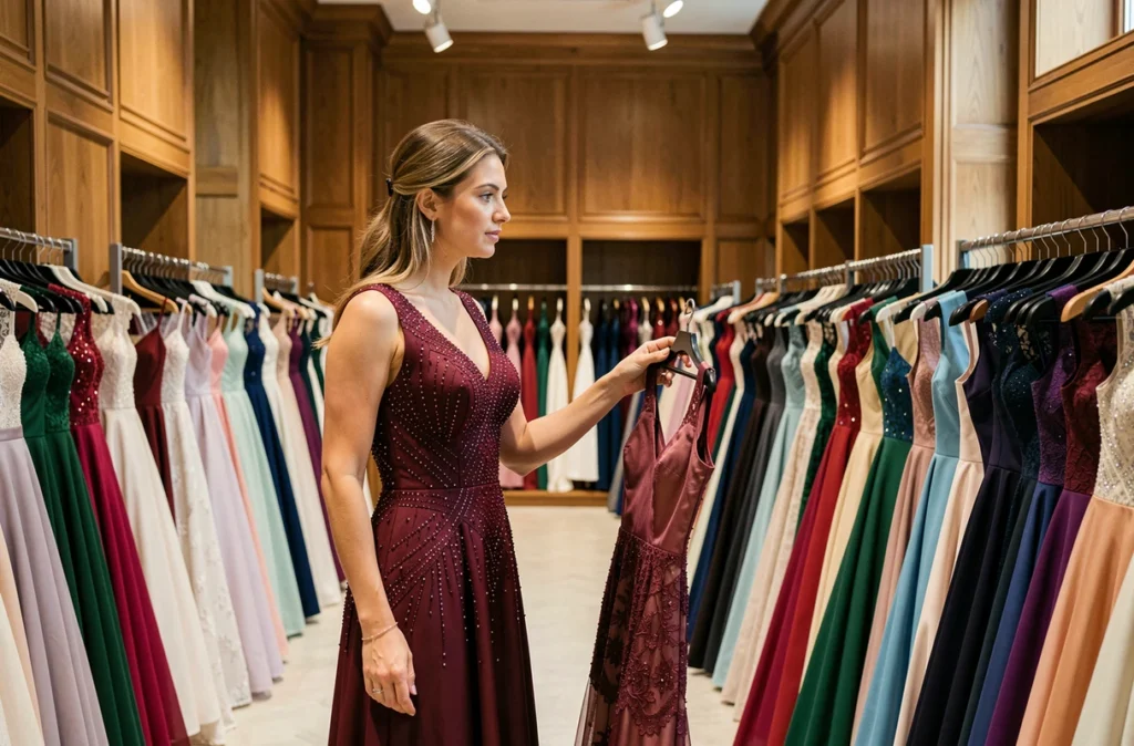 Femme parcourant une vaste collection de robes de soirée et d'accessoires dans la boutique Promulias Paris.