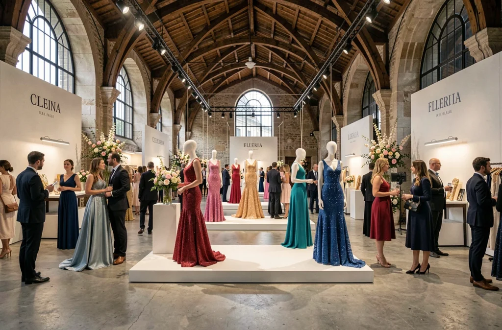 Showroom événementiel de mode soirée dans un lieu de prestige en Île-de-France avec des robes longues exposées et des invités élégants.