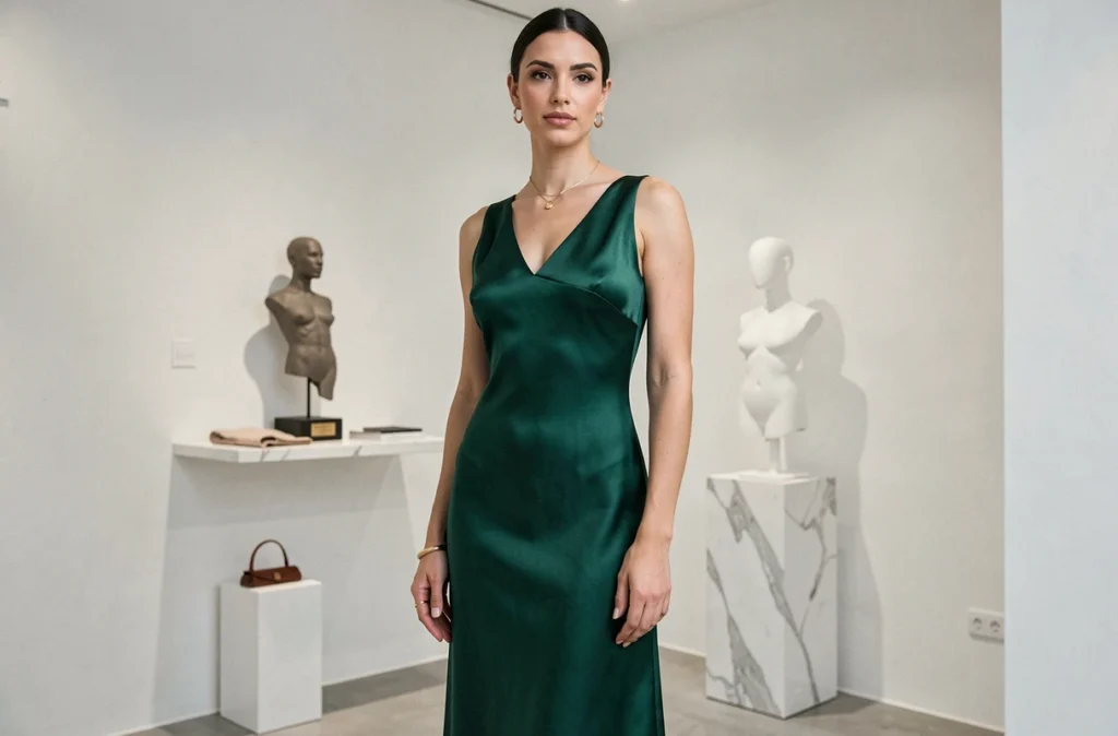 Femme élégante portant une robe midi en satin vert émeraude en édition limitée dans la boutique contemporaine Soi Paris.