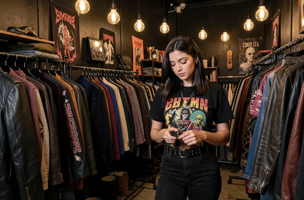 Intérieur de Soleil Noir Vintage à Rennes avec des vêtements vintage gothiques et punk sur des portants dans une boutique à l'ambiance sombre