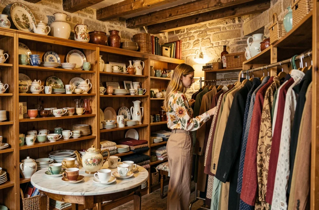 Intérieur de la friperie Vacarme à Rennes avec salon de thé vintage et vêtements d'occasion sur des portants en bois