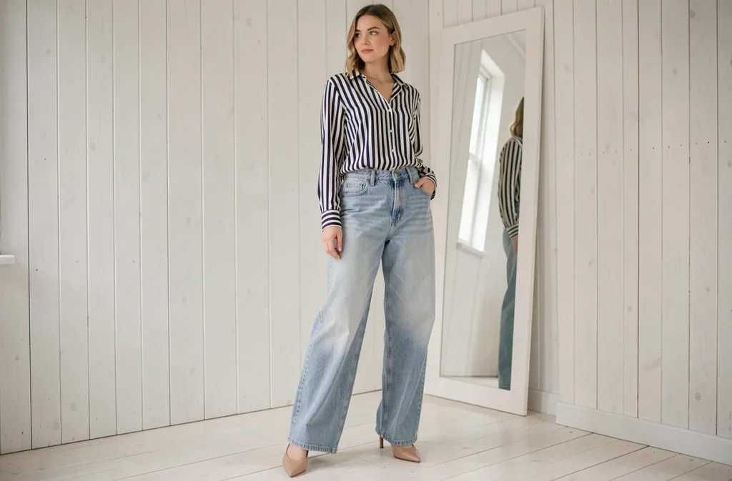 Femme petite taille en baggy jean stonewash avec chemise rentrée et mules à talons pour un effet jambes longues