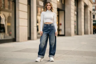 Petite femme portant un baggy jean indigo cuffé avec des baskets blanches et un haut court ajusté pour allonger la silhouette